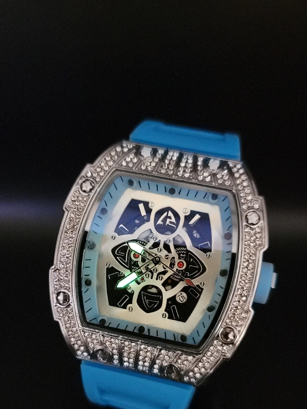 NWT Mens AJ Brand Blue Skeleton Diamond Style 41.5mm Watch Silicone Band w/Date